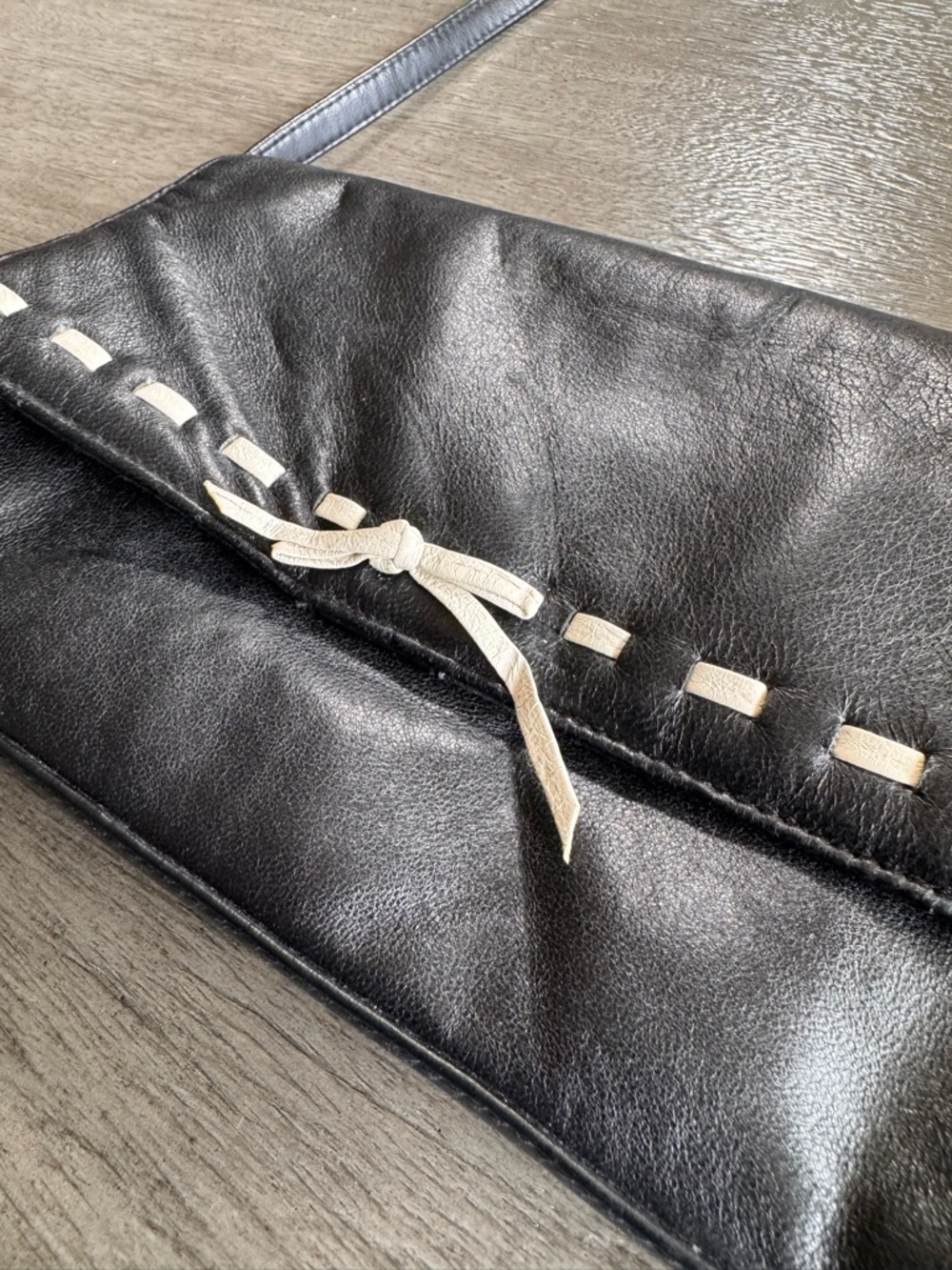 Vintage Leather Contrast Stitching Bow Colette Purse Bag Black White - Picture 5 of 12